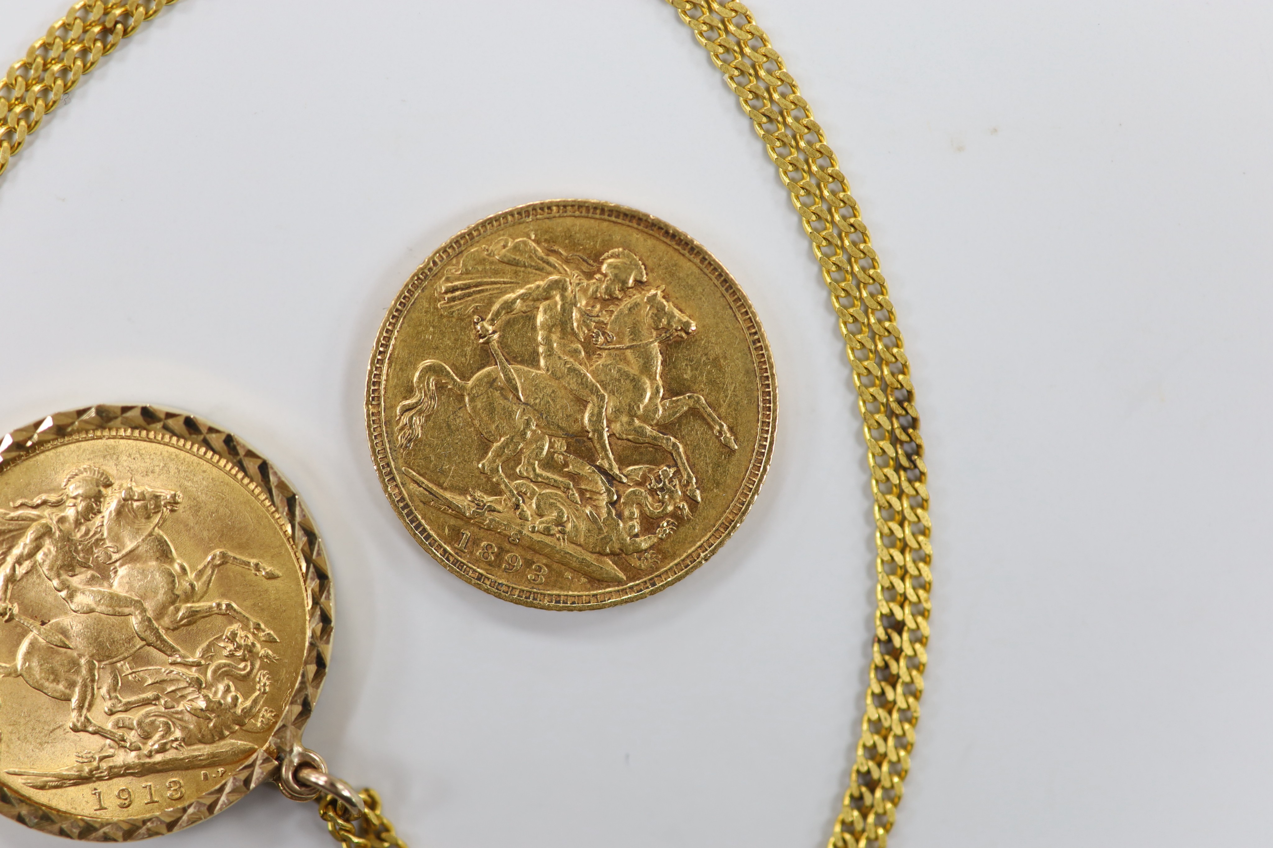 A Victorian 1893 gold sovereign and a 1913 god sovereign in a later 9ct gold pendant mount, on a 9ct chain, gross weight 11.3 grams.